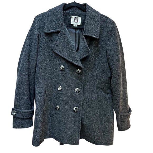 Anne Klein Pea‎ Coat Charcoal Gray Wool Blend Double Breasted Pockets Size XL - Picture 1 of 8